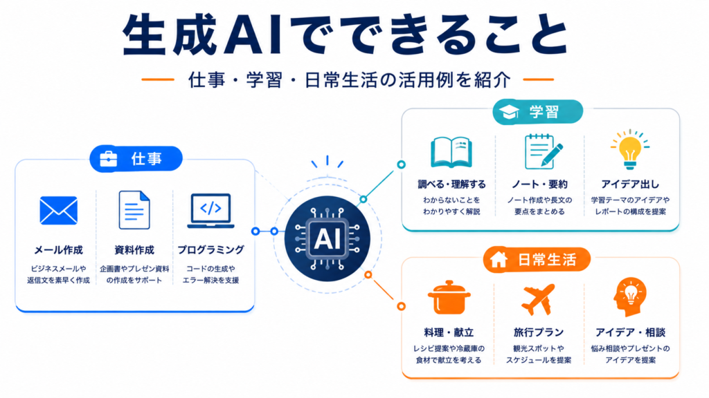 生成AIでできることとは？仕事・学習・日常生活での活用例を初心者向けに紹介